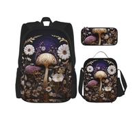 TRUKD Zaino per studenti, borsa per pittura a olio con bandiera americana per ragazzi e ragazze, zaino per ragazze, astuccio portapranzo combinazione, Funghi bianchi e fiori, Taglia unica, Zaino