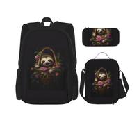TRUKD Zaino per studenti, bradipi che indossano fiori borsa per ragazzi scolastici, zaino per ragazze, astuccio portapranzo combinazione, Bradipo in un cesto di fiori, Taglia unica, Zaino daypack