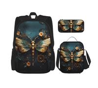 TRUKD Zaino per studenti, leopardo in una borsa in pelle per ragazzi e ragazze, zaino per ragazze, astuccio portapranzo combinazione, Colore oro Delicato Fiore Libellula, Taglia unica, Zaino daypack
