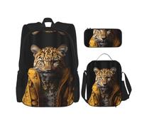 TRUKD Zaino per studenti, leopardo in una borsa in pelle per ragazzi e ragazze, zaino per ragazze, astuccio portapranzo combinazione, Leopardo in una giacca di pelle, Taglia unica, Zaino daypack