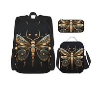 TRUKD Zaino per studenti, leopardo in una borsa in pelle per ragazzi e ragazze, zaino per ragazze, astuccio portapranzo combinazione, Delicata libellula dorata su sfondo nero, Taglia unica, Zaino