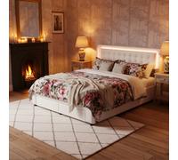 Trunk letto 140x LED RGB, contenitore idraulico e 2 cassetti, tessuto velluto, moderno, Beige