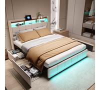 Trunk letto 140x190 con box LED USB imbottito Letto matrimoniale con 4 cassetti letto imbottito con box a doghe e testiera
