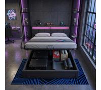 Trunk letto 140x190 LED, contenitore idraulico + 2 cassetti, testiera con ripiano, tessuto di lino traspirante, moderno, Grigio