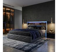 Trunk letto 140x200/160x idraulico cm, testiera, contenitore LED USB, struttura letto in pelle nera, design moderno