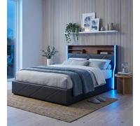Trunk letto 140x200/160x idraulico cm, testiera, contenitore LED USB, struttura letto in pelle nera, design moderno