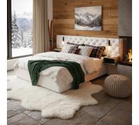 Trunk letto 140x200 cm con 2 comodini da incasso, testata imbottita con luci da lettura e ricarica USB, idraulica, Bianca