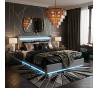 Trunk letto 140x200 idraulico cm con LED RGB, testiera portaoggetti e porte USB/tipo C, struttura letto imbottita in velluto