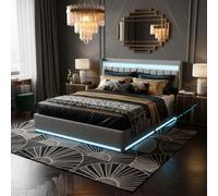 Trunk letto 140x200 idraulico cm con LED RGB, testiera portaoggetti e porte USB/tipo C, struttura letto imbottita in velluto