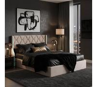 Trunk letto 140x200 idraulico cm con LED, testiera imbottita in velluto beige, struttura letto matrimoniale con contenitore, moderno