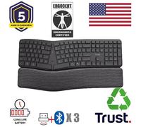 Trust Keyra Tastiera ergonomica senza fili US QWERTY Bluetooth + 2,4 GHz, tastiera wireless con layout diviso per più dispositivi con supporto per palmo, PC computer, laptop, Mac, nero