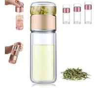 Tryteava Glass Infuser, Teava 3-in-1 Smart Tea Infuser, Portable Glass Double Wall Tea Infusers Bottle with Heat, One-Touch Brewing Mug for Home, Office, or Travel Use (Gold,280ml)