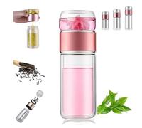 Tryteava glass infuser, teava 3-in-1 smart tea infuser with flip & brew design, double wall tea infusers bottle, portable loose leaf teas maker for office home hot or cold brewing(Pink,350ml)