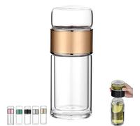 Tryteava Glass Infuser, Tryteava Glass Infuser Bottle, Double Wall Borosilicate Tea Cup with Built-In Strainer, 3-In-1 Smart Tea Infuser for Loose Leaf Tea Steeper (Gold,280ml)