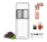 Tryteava, infusore per tè intelligente 3 in 1, in vetro a doppio strato, separatore per tè, portatile, a doppia parete, design Flip & Brew, per tè in fiore e sfusi (argento, 350 ml)