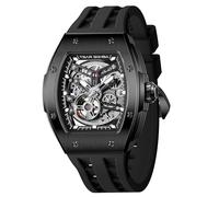 TSAR BOMBA Orologio automatico da uomo Tonneau Orologio scheletrato di lusso da uomo Orologio da polso meccanico impermeabile fino a 50 m con cinturino in fluoroelastomero,8228A-Black