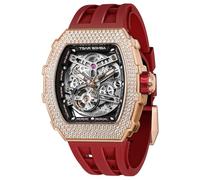 TSAR BOMBA Tonneau, orologio automatico da uomo, di lusso, con scheletro, meccanico, impermeabile fino a 50 m, analogico, unico, quadrato, quadrante grande, con cinturino in silicone, D-gored