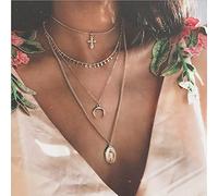 TseenYi Boho Collana a strati Girocollo Croce d'oro/Luna/Tag Coin Collane lunghe multistrato Collane alla moda Gioielli da spiaggia estivi per donne e ragazze (1 pezzo)