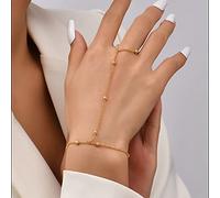 TseenYi Bracciale con anello da dito da schiavo Bracciale con anello da dito Boho Anello da dito con catena con perline dorate Gioielli con imbracatura a mano per donne e ragazze (1 pezzo)