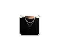 TseenYi Collana con ciondolo a forma di croce a strati, in argento, con catena grossa, collana a strati, vintage, con ciondolo a forma di crocifisso, collana multi catena, gioielli per donne e ragazze
