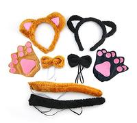 TSHAOUN 2 Sets Gatto Cosplay Set, Costume Giochi Gatto Peluche Artiglio Guanti Gattino Orecchie Coda e Fiocco per Dress Up Carino Costume Party Decoration Set per Bambini Donne Ragazze (Gatto e orso)