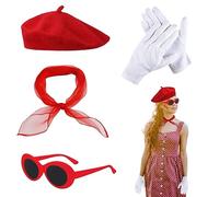 TSHAOUN 4 Pezzi a Set Accessori Anni 50 Donna,Berretto Rosso Sciarpa Occhiali Da Sole Guanti,Vintage Accessori Costumi Anni '50,Decorazione Retrò Festa Carnevale Halloween,Travestimento (Rosso)