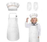 TSHAOUN Bambini Grembiule e Cappello da Cuoco Maniche Set con 2 Tasche Grembiule Regolabile per 5-12 Anni Ragazze Ragazzi per Pittura Cucinare e Cuocere Artigianato e Agricoltura (Grande, Bianco)