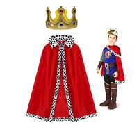 TSHAOUN Costume da Re Principe Mantello, Ragazzo con 1 Corona, per Feste di Compleanno, Halloween, Taglia Unica, 80cm per Bambini 90-135cm (Red)