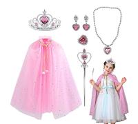 TSHAOUN Mantello da Principessa Bambina, 6 Pcs Costume da Principessa con Corona, Bacchetta, Collana, Anello e Orecchini, Principessa Vestita per Feste, Giochi di Ruolo, Halloween, Carnevale (Pink)