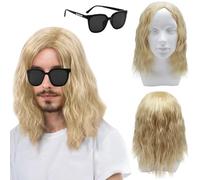 TSHAOUN Parrucca Bionda Uomo di Media Lunghezza Capelli 16''/40 cm Parrucca Lunga Ondulati Ricci e Occhiali da Sole, Anni '70 '80 '90 Cosplay Parrucca per Halloween Festa Costumi Parrucca (Bionda)