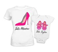 Tshirt Donna e Body intimo da giorno Neonato, Set Coordinato Madre e Bimba, Bimbo - Idea Regalo Festa Mamma (Rosa shocking, Scarpette)