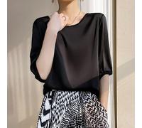 Tshirt Donna Manica Corta,Donna Elegante Top In Seta Girocollo Camicie Estive Manica Media Camicetta Elegante Camicetta In Raso Top Sexy Canotte Di Base Canotte Sottili T-Shirt Per Ragazze Donne,Ner