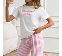 Tshirt grafica con scritta "Weekend Vibes" e set pigiama in cotone rosa a gamba ampia, in stile "Soft Girl" L,M,S,XLA strisceTessuto