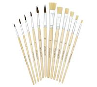 TSI Set di Pennelli per la Scuola Naturale, 12 Pezzi, Include 6 Pennelli per Capelli (Dimensioni 2, 4, 6, 8, 10 e 12) e 6 Pennelli con Setole (Dimensioni 4, 6, 8, 10, 12 e 14), Fusto in Legno Naturale