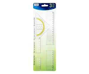 TSI - Set di Strumenti da Disegno in Plastica Trasparente, 3 Pezzi (Righello 30 cm, Righello 17 cm, Squadra 16 cm) con Bordo Inchiostro
