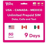 TSIM Carta SIM Prepagata USA per 9 Giorni | Dati Illimitati 4G/5G negli USA + Dati a Bassa Velocità in Canada/Messico | Chiamate Locali Illimitate | Chiamate e SMS Gratuiti in Arrivo