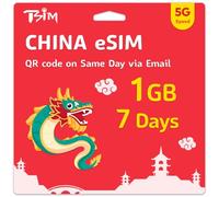 TSIM China eSIM 07 Giorni | 1GB di Dati ad Alta Velocità | Ottieni l'eSIM lo Stesso Giorno via Email! Nessun Bisogno di Aspettare il Pacco! | Attivazione Automatica | Condivisione Hotspot Consentita
