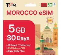 TSIM eSIM Marocco 30 Giorni - 5GB Dati Alta Velocità | Attivazione Automatica | Hotspot Consentito | QR Code via Email entro 24 Ore | Solo Dati, Nessuna Voce
