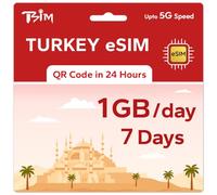 TSIM eSIM prepagata Turchia per viaggi | 07 giorni 1 GB/giorno 5G Velocità | Hotspot consentito | Codice QR eSIM inviato via e-mail entro 24 ore dalla spedizione | Scansiona il codice QR e utilizza