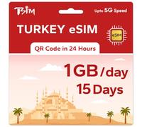 TSIM eSIM prepagata Turchia per viaggi | 15 giorni 1 GB/giorno Velocità 5G | Hotspot consentito | Codice QR eSIM inviato via e-mail entro 24 ore dalla spedizione | Scansiona il codice QR e utilizza
