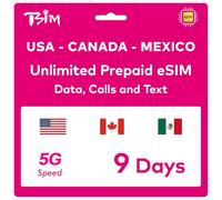 TSIM eSIM Prepagata USA per 9 Giorni | Dati Illimitati 4G/5G negli USA + Dati a Bassa Velocità in Canada/Messico | Chiamate Locali Illimitate | Chiamate e SMS Gratuiti in Arrivo