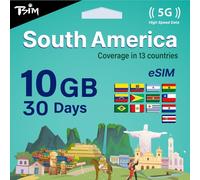 TSIM Sud America eSIM 30 Day-10GB | Rete multi-operatore 5G/4G (Hotspot consentito) | Uso in Brasile, Cile, Colombia, Argentina, Ecuador e altro | eSIM in 24 ore | Attivazione automatica