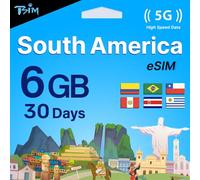TSIM Sud America eSIM 30 giorni | 6 GB 5G/4G/LTE Internet | Hotspot consentito | utilizzabile in Brasile, Cile, Colombia, Perù, Uruguay e Costa Rica | eSIM in 24 ore
