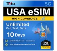 TSIM USA eSIM 10 Giorni con Call Home | Alta Copertura | Dati High Speed Illimitati compatibile con rete 5G AT&T | Chiamate/SMS USA + Internazionali (incluso Alaska) | eSIM disponibile lo stesso giorn