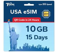 TSIM USA eSIM 15 Day 10GB | Rete 5G multi-operatore ad alta copertura | Attivazione automatica | Piano ricaricabile | Hotspot consentito | Codice QR eSIM inviato via e-mail entro 24 ore dalla