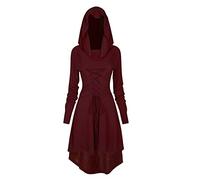 TSIRNK Abito gotico da donna, abbigliamento medievale da donna, costume di Halloween, abito da rinascimento con cappuccio per Halloween Carnevale (Rosso vino, 3XL)