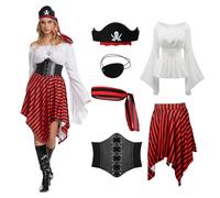 TSIRNK Costume da pirata da donna adulta, 6 pezzi, costume vichingo medievale da donna, con spalle scoperte, gonna gotica, accessori da pirata, per Halloween e Carnevale (bianco, XL)