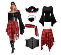 TSIRNK Costume da pirata da donna adulta, 6 pezzi, costume vichingo medievale da donna, con spalle scoperte, gonna gotica, accessori da pirata, per Halloween e Carnevale (colore: nero, XL)