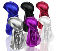 TSKNOMO 6 pezzi Durags in raso per uomo, set di Do Rags con coda lunga e larghe fasce per uomini e donne, Nero + Argento + Bordeaux + Viola + Blu Re + Bianco, Taglia Unica