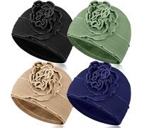 TSKNOMO Set di copricapo da donna, 4 pezzi, copricapo da donna, traspirante, cappello chemo elastico per donna con perdita di capelli, nero + verde chiaro + blu marino + kaki, Taglia unica
